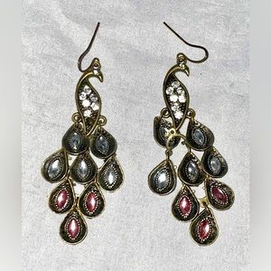 Peacock rhinestone - sparkly -dangle -fishhook earrings - costume jewelry